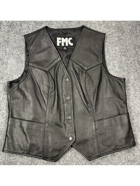 FMC Women's Vest XL Black Lined Plunge V Neck Snap Up Motorcycle Biker Vest